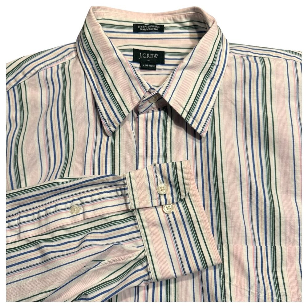 J Crew Mens Size L Striped Button Down Shirt 2-Ply Cotton Green Blue‎ Pink White